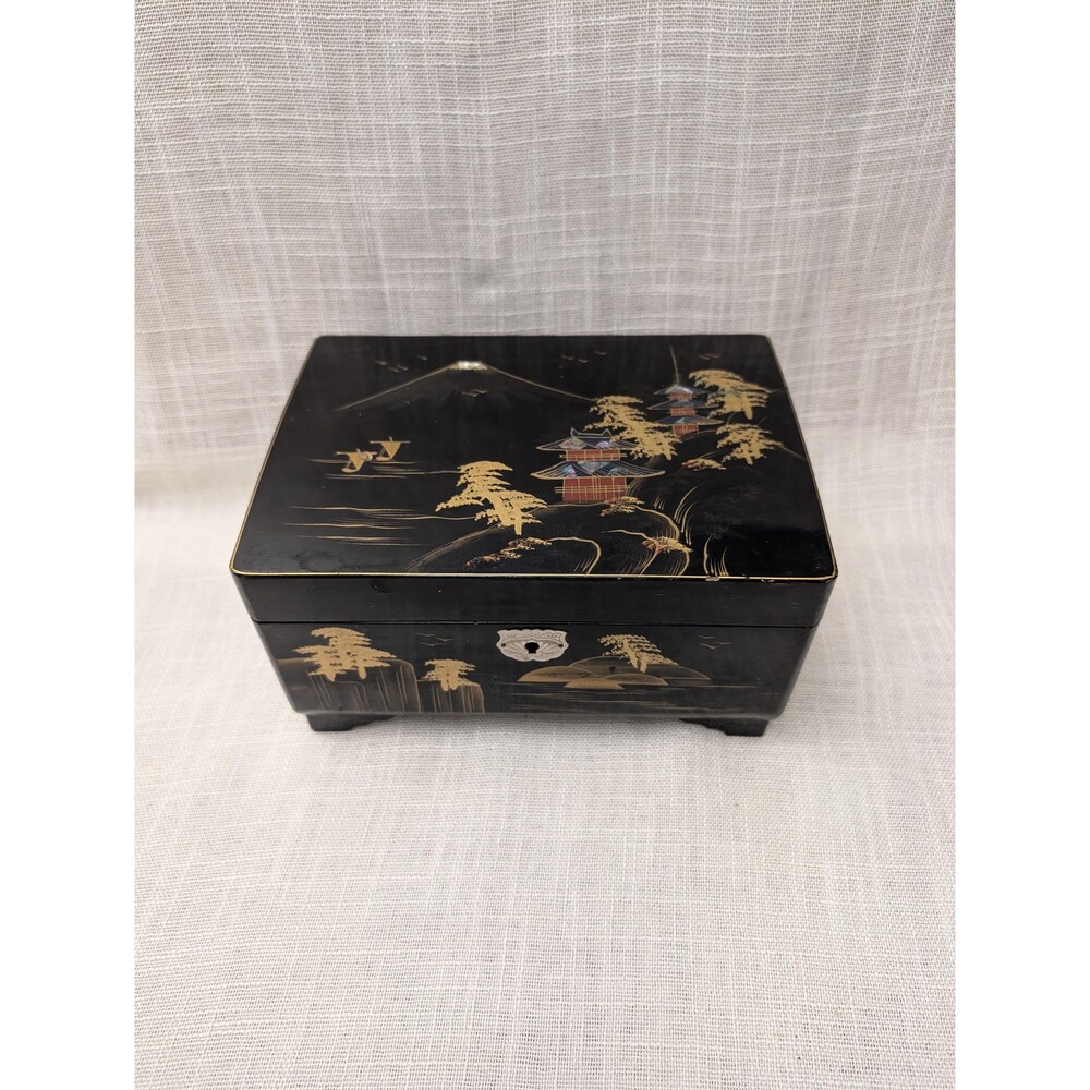 Lacquered Black & Gold Music Jewelry Box 8.5"x 6" - Made in Japan